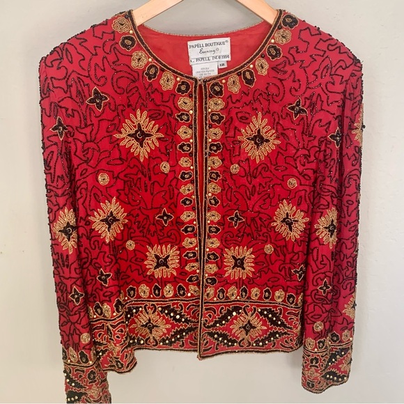 Papell Boutique Evening Vintage 90’s Silk Beaded Jacket Embellished Red Gold 12 - Picture 14 of 16
